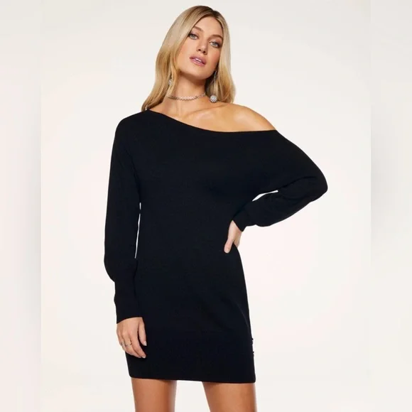 RAMY BROOK Kourtney Off-The-Shoulder Sweater Dress in Black - Picture 1 of 16